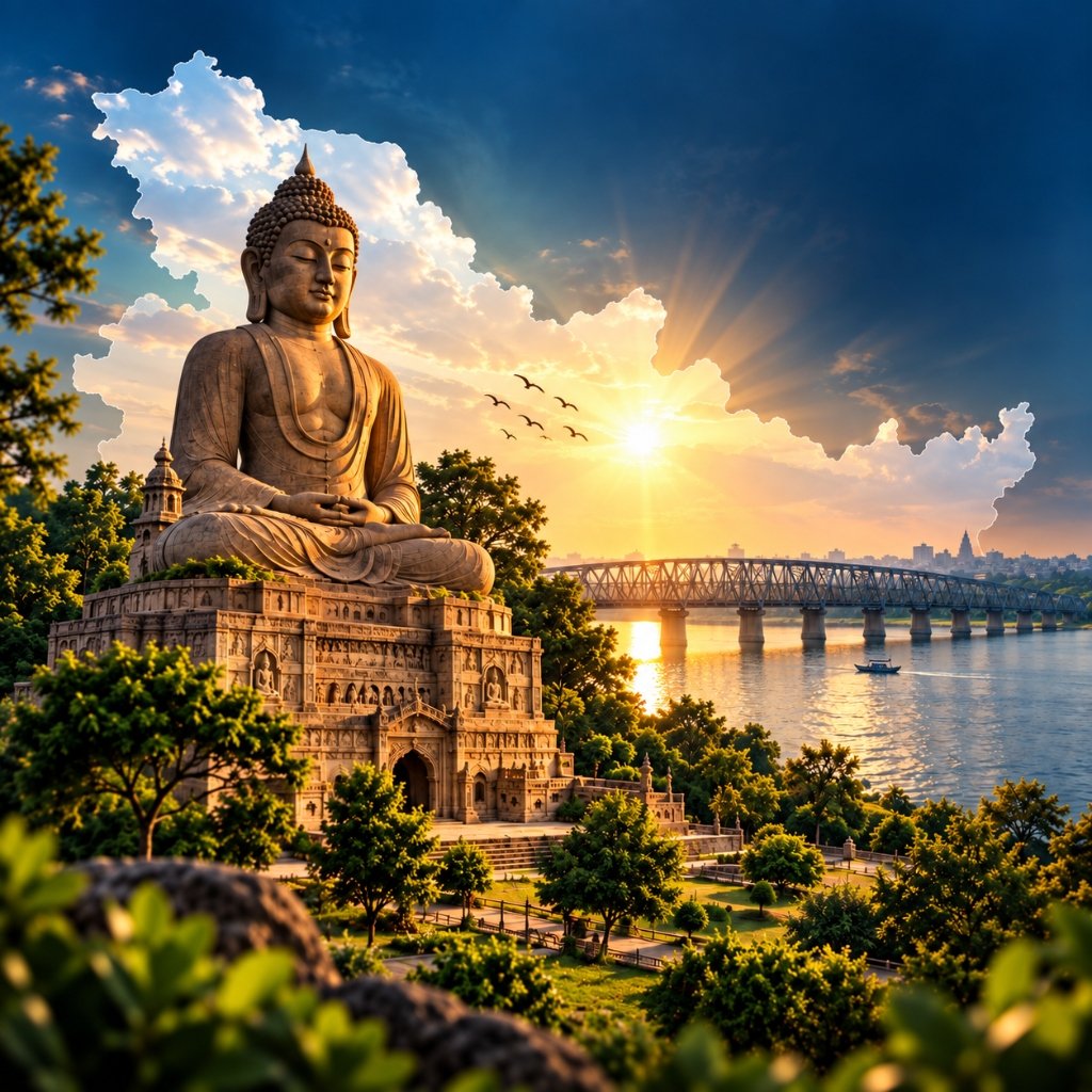 Bihar landmarks Mahabodhi temple and Gandhi Setu at sunrise, representing local digital growth